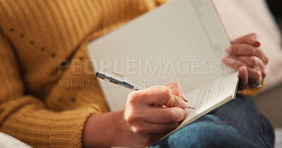 Buy stock photo Woman, hands or writing on couch with journal for planning goals, creative idea or process emotions. Daily reflection, notes or person in home with diary for self improvement, inspiration or insight.