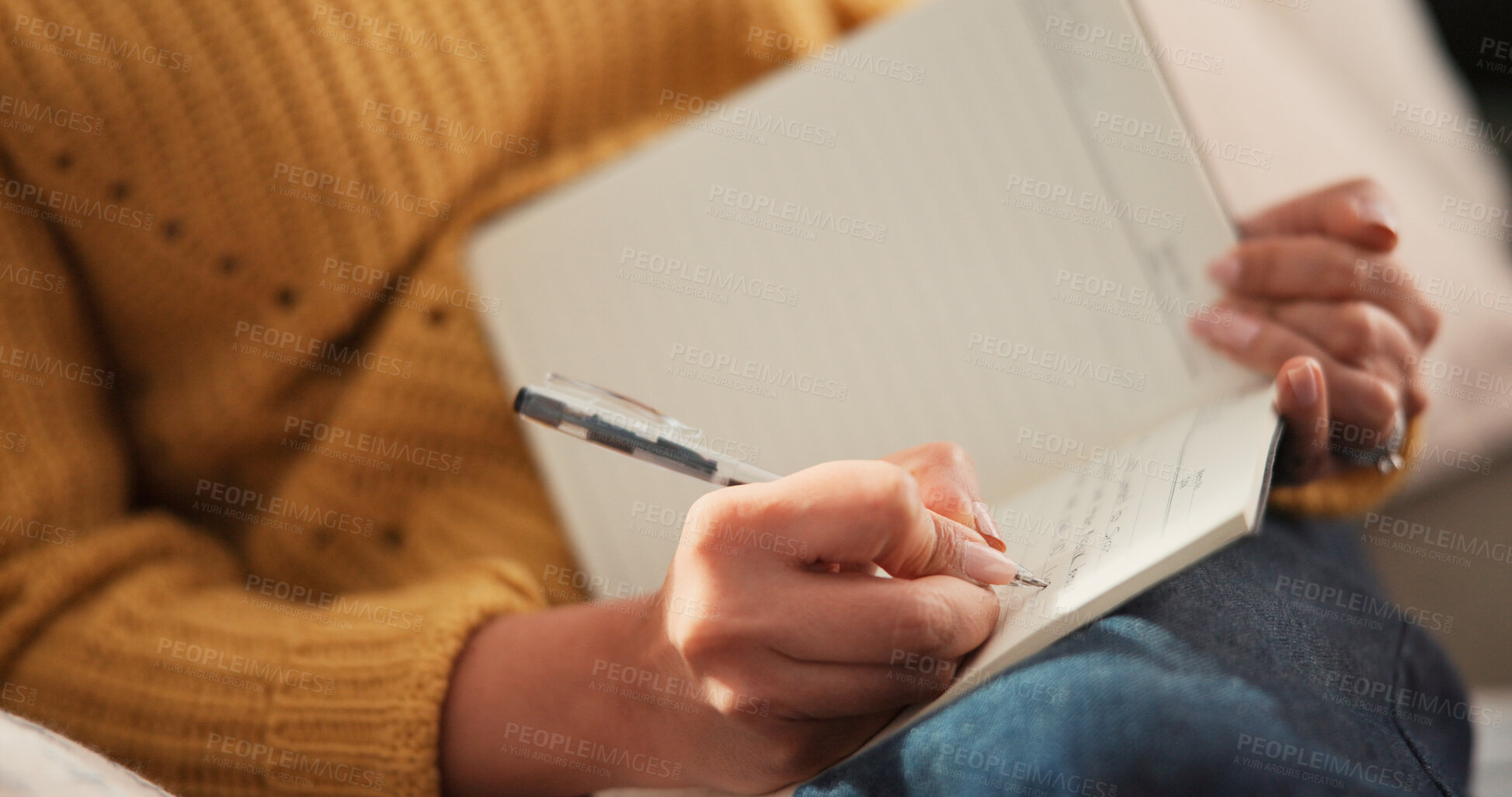 Buy stock photo Woman, hands or writing on couch with journal for planning goals, creative idea or process emotions. Daily reflection, notes or person in home with diary for self improvement, inspiration or insight.