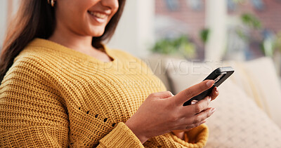 Buy stock photo Phone, hands and woman on sofa in home with networking, communication or social media on mobile app. Typing, relax and female person with cellphone for texting, contact or chatting in living room.