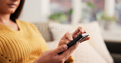 Buy stock photo Cellphone, hands and woman on sofa in home with networking, communication or social media on app. Technology, relax and female person with phone for texting, contact or chatting in living room.