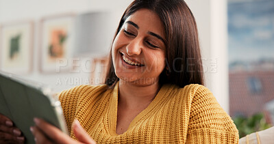 Buy stock photo Woman, remote work and smile with tablet at house for proofreading, draft update and latest news. Happy, female person and digital for submission, editor feedback and story headline for publication