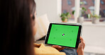 Woman, hands or tablet with green screen in home for advertising, research or marketing app. Back view, female person or user with technology display for online entertainment on mockup space in house