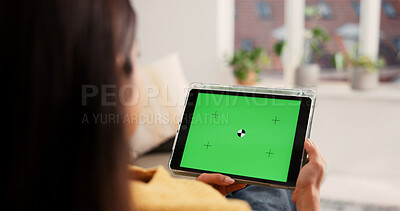 Buy stock photo Woman, hands or tablet with green screen in home for advertising, research or marketing app. Back view, female person or user with technology display for online entertainment on mockup space in house