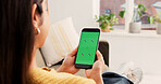 Woman, hands or phone with green screen in home for advertising, research or marketing app. Back view, female person or user with mobile smartphone display for online entertainment on mockup space