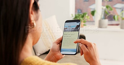 Buy stock photo Home, hands and woman with phone screen, travel and typing with homepage for accommodation. Apartment, cellphone and person on sofa, internet and holiday agency with booking, app and subscription