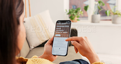 Buy stock photo Hand, woman and phone screen for travel app, planning holiday or booking flight online on sofa. Mobile, display and person in home with vacation organizer for tourism, location or sign in for journey