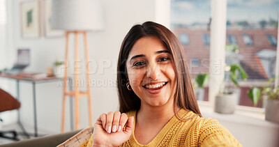 Buy stock photo Portrait, video call and woman with smile, hello and greeting with communication in lounge. Apartment, home or happy person with internet, excited or app for online chatting or live streaming POV