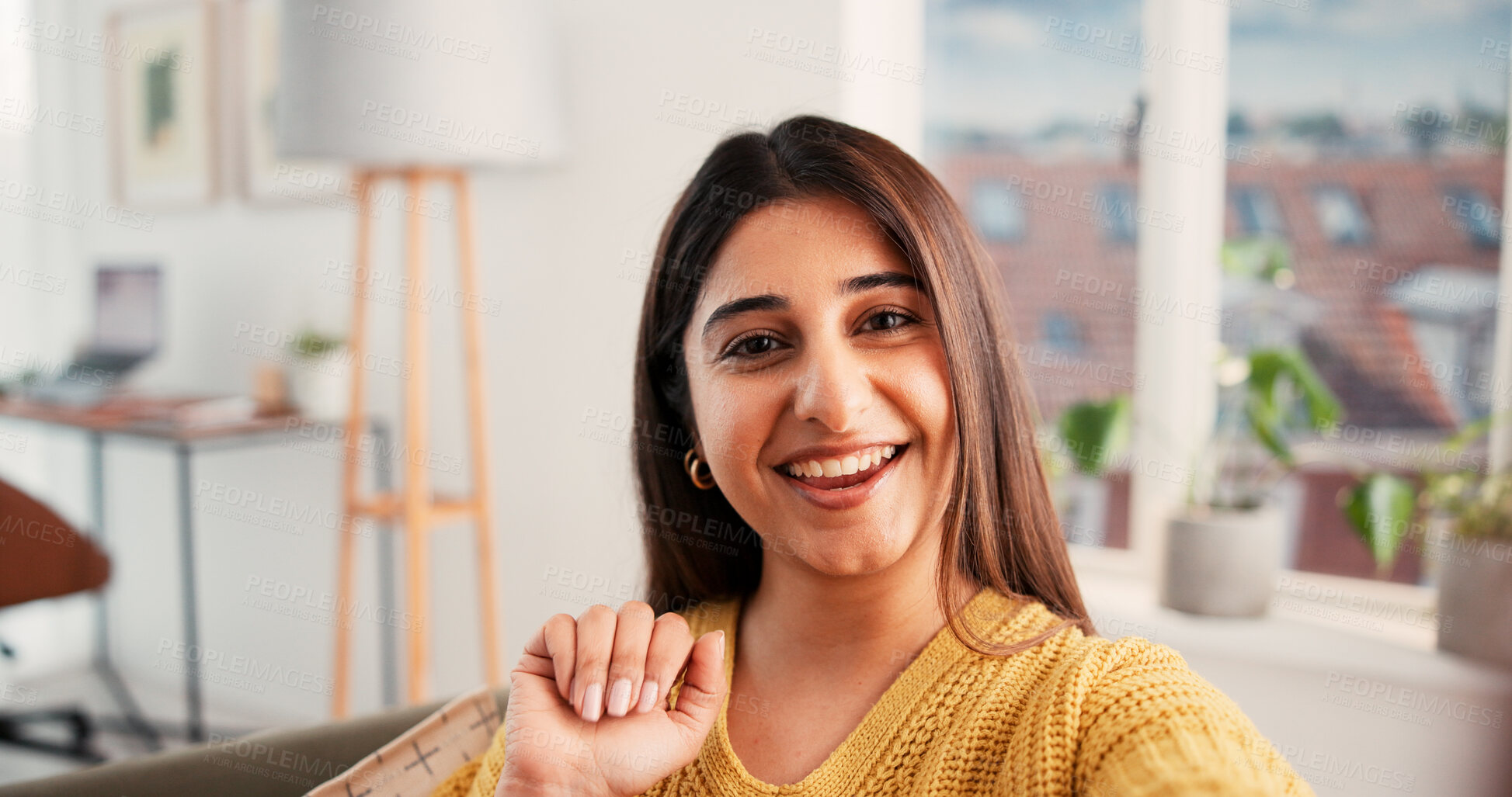 Buy stock photo Portrait, video call and woman with smile, hello and greeting with communication in lounge. Apartment, home or happy person with internet, excited or app for online chatting or live streaming POV