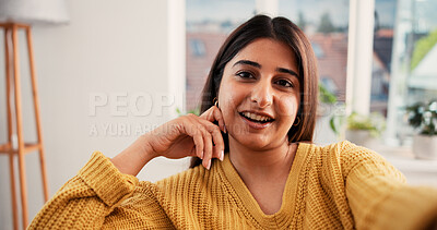 Buy stock photo Home, video call and woman with smile, portrait and greeting with communication in lounge. Conversation, talking and person with internet, hello and app for online chatting, pov and live streaming