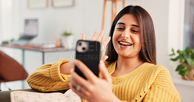 Buy stock photo Phone, video call and woman on sofa in home with communication, greeting and online conversation. Happy, waving and female person with cellphone for virtual discussion with networking in living room.