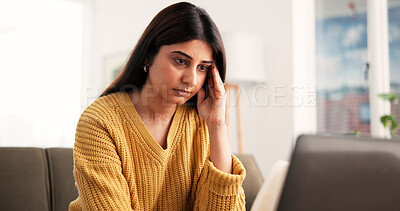 Buy stock photo Stress, freelancer and woman with laptop, home and graphic designer with creative block and unhappy. Reading, typography and person with anxiety for design project, burnout and remote work with tech