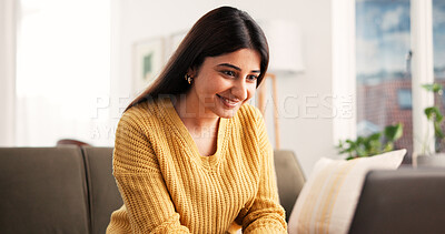 Buy stock photo Remote work, woman and happy with laptop on sofa for editor feedback, draft submission and review. Freelancer, content writer and tech in house for article research, proofreading and story approval
