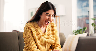 Buy stock photo Excited, woman and remote work with laptop at house for good news, success and lotto winner. Surprise, female person and email for job promotion, bonus achievement and announcement of employee award