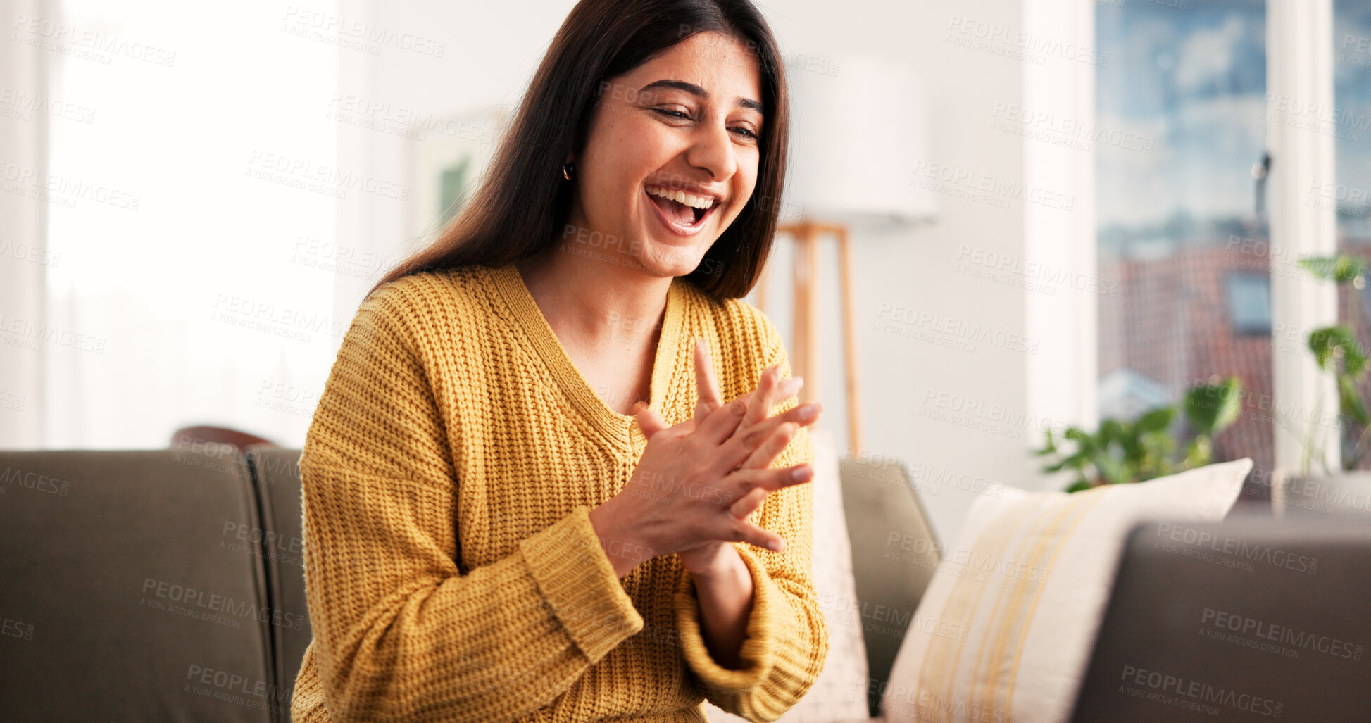 Buy stock photo Home, excited and woman clapping for win, lottery prize or goal achievement in living room. Happy person, applause and success in house with accomplishment, promotion and celebration for award
