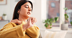 Woman, shoulder pain and stress in living room with injury, muscle fatigue or inflammation in home. Person, stretching arm and massage for relief, ache or frustrated with arthritis in lounge at house