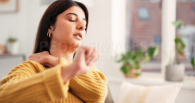 Buy stock photo Woman, shoulder pain and stress in living room with injury, muscle fatigue or inflammation in home. Person, stretching arm and massage for relief, ache or frustrated with arthritis in lounge at house
