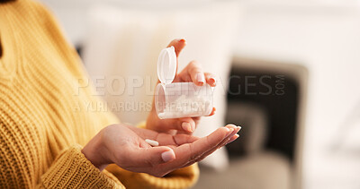 Buy stock photo Pill, hands and woman with container on couch, prescription medicine or supplements for wellness. Antibiotics, chronic drugs and person with capsule for recovery, virus cure or symptom remedy in home