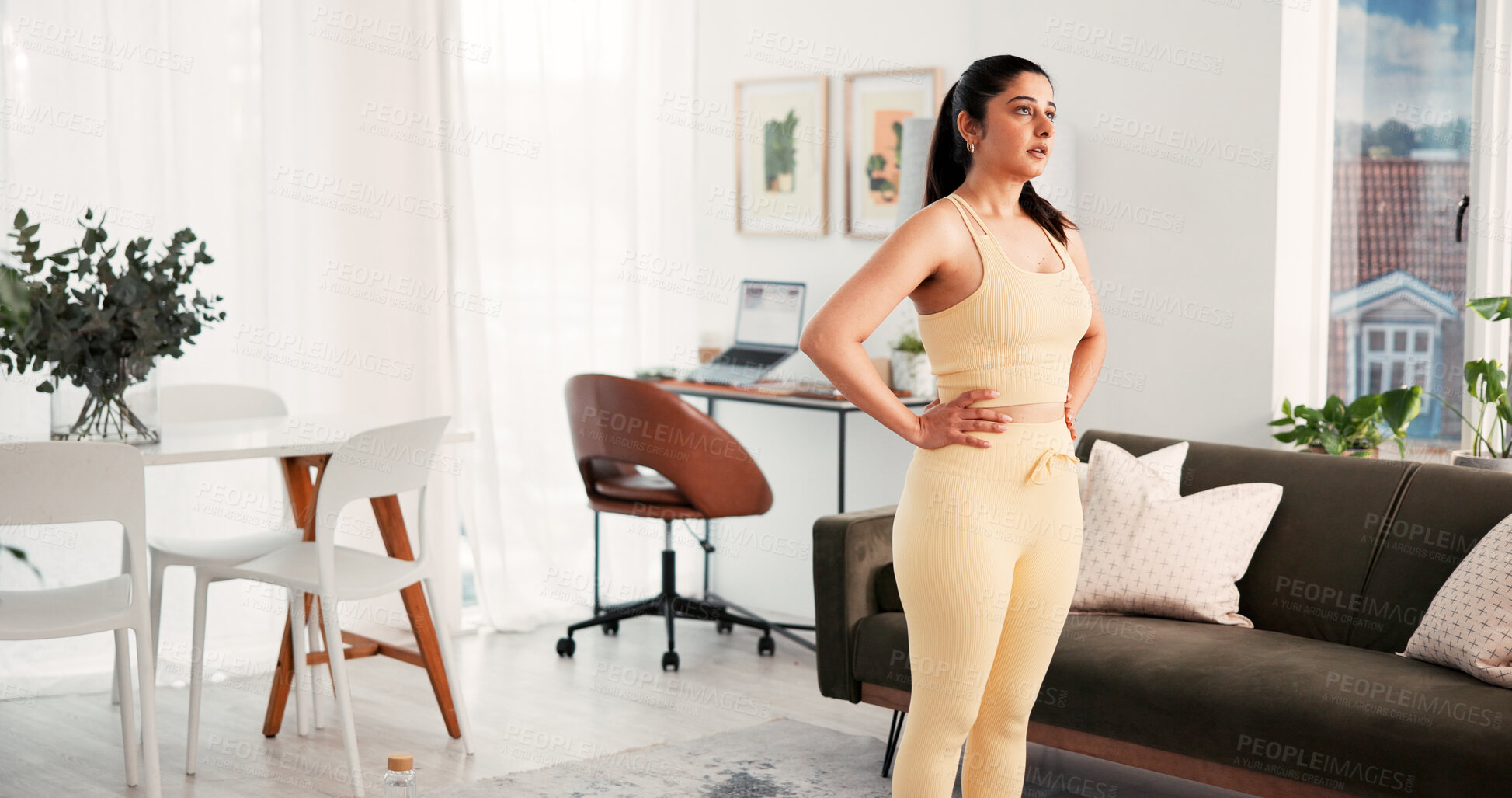 Buy stock photo Yoga, woman and fitness break in home for exercise recovery, practice fatigue and overworked. Rest, tired person and relax in apartment with pilates pause, breathing or contemplating wellness routine