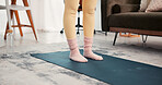 Fitness, legs or person in house with yoga mat, muscle or mobility improvement in home setup. Wellness, sportswear or girl in living room with equipment, pilates training or routine in indoor workout