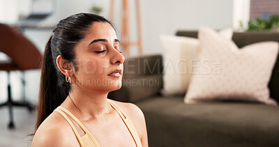 Buy stock photo Calm, yoga and woman with meditation in home for stress relief, spiritual healing or holistic wellness. Fitness, yogi or breathing exercise in apartment for inner peace, mindfulness or zen in morning