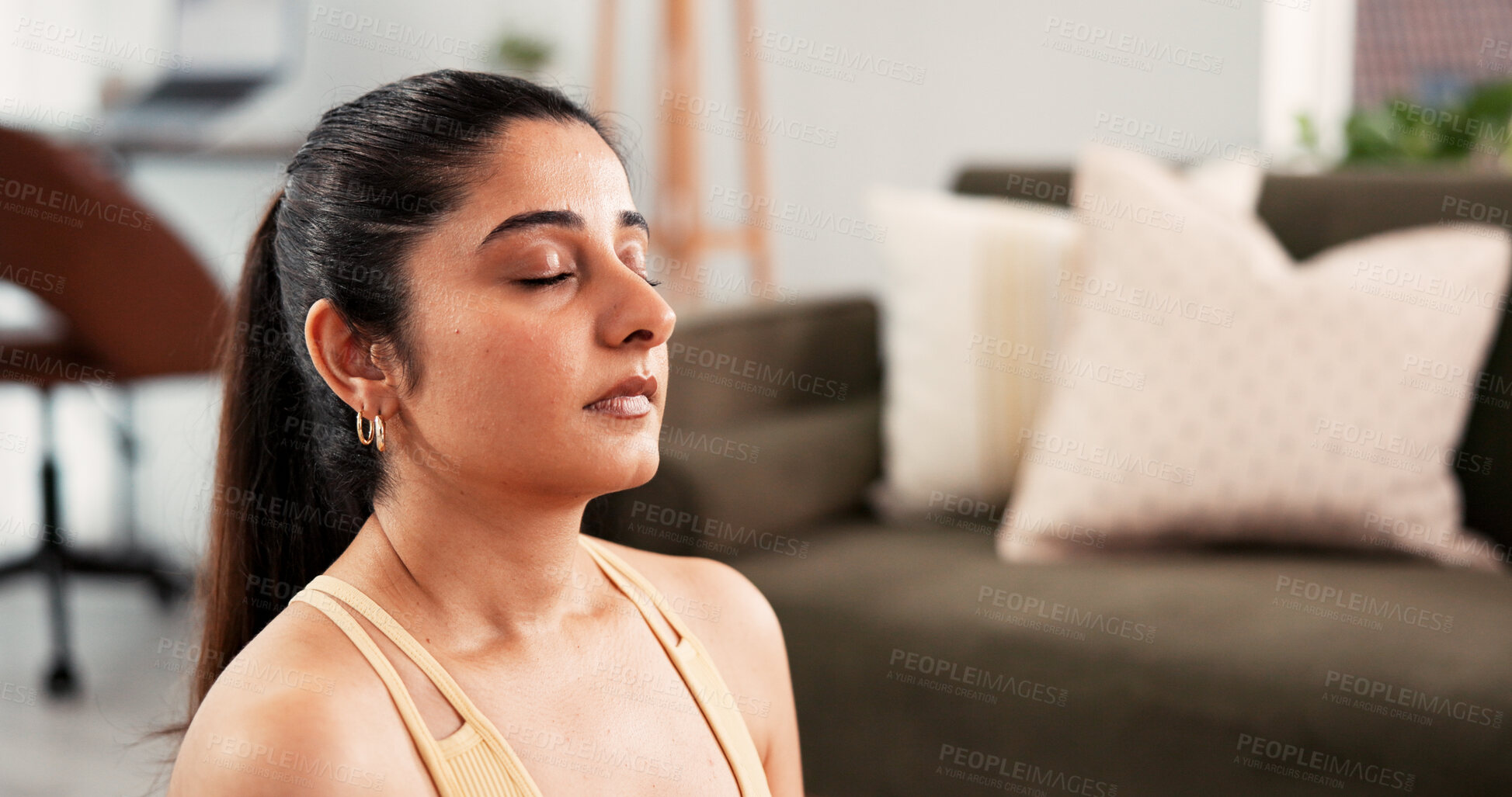 Buy stock photo Calm, yoga and woman with meditation in home for stress relief, spiritual healing or holistic wellness. Fitness, yogi or breathing exercise in apartment for inner peace, mindfulness or zen in morning
