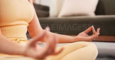 Buy stock photo Yoga, meditation or home with woman, hands or calm with wellness, chakra or inner peace. Apartment, yogi or healthy person on floor, pilates or stress relief with routine, lotus or fitness in lounge
