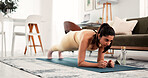 Woman, plank and exercise with tablet in home for tutorial, workout app and video in living room. Person, tech and fitness challenge for stomach, core strength and balance on floor at apartment