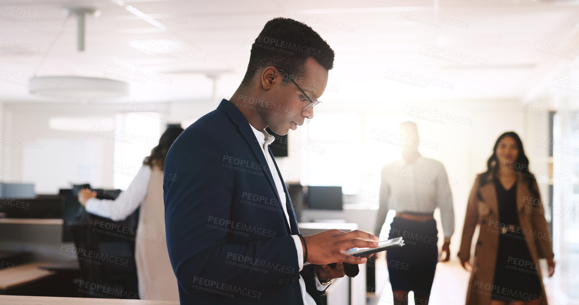 Buy stock photo Planning, search and tablet with business man in coworking office for browsing or scrolling. App, flare and internet with corporate employee person in workplace for feedback, information or review