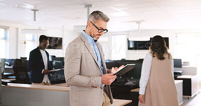 Buy stock photo Planning, reading and tablet with business man in coworking office for browsing or scrolling. App, internet and research with mature employee person in workplace for feedback, information or review
