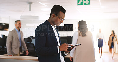 Buy stock photo Planning, research and tablet with business man in coworking office for browsing or scrolling. App, email and glasses with corporate employee person in workplace for feedback, information or review