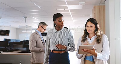 Buy stock photo Marketing agency, people or feedback with tablet to plan schedule, advertising or brand campaign release. Project timeline, discussion or women organize promotion launch, digital agenda or teamwork