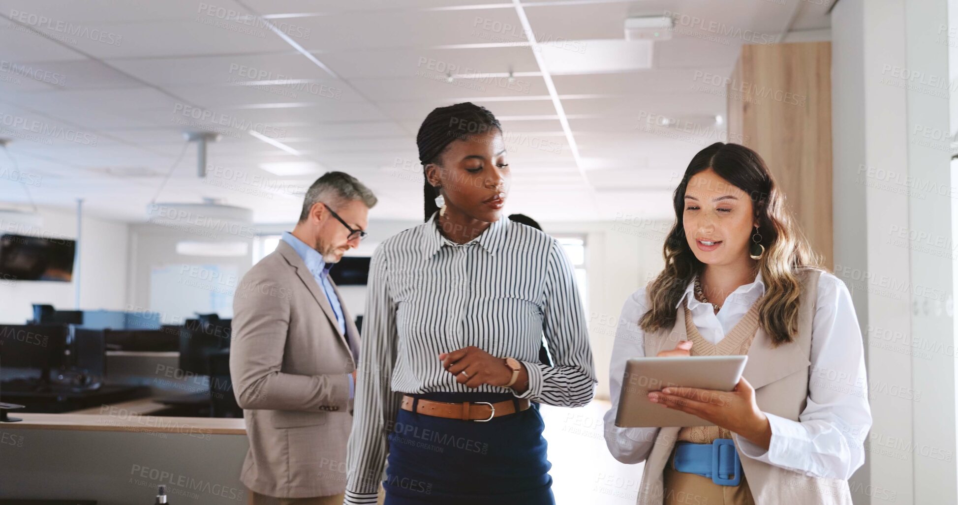 Buy stock photo Marketing agency, people or feedback with tablet to plan schedule, advertising or brand campaign release. Project timeline, discussion or women organize promotion launch, digital agenda or teamwork