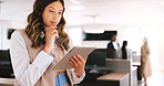 Search, tablet and thinking with business woman in coworking office for browsing or scrolling. App, flare and planning with corporate employee person in workplace for feedback, information or review