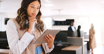 Buy stock photo Search, tablet and thinking with business woman in coworking office for browsing or ideas. App, planning and vision with corporate employee person in workplace for feedback, information or review