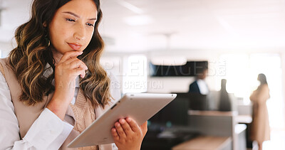 Buy stock photo Reading, tablet and thinking with business woman in coworking office for browsing or planning. App, idea and information with thoughtful employee person in workplace for feedback or online review
