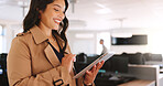 Planning, smile and tablet with business woman in coworking office for browsing or scrolling. App, flare and internet with happy employee person in workplace for feedback, information or review