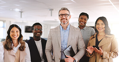 Buy stock photo Portrait, law firm and tech in office with smile, confidence and management for group of business people. Collaboration, about us and lawyer with legal team, employees and agency for advocate support