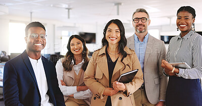 Buy stock photo Portrait, law firm and tech with smile, confidence and management for group of business people in office. Collaboration, about us and lawyer with legal team, employees and agency for advocate support