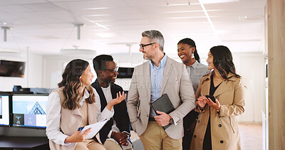 Buy stock photo Meeting, law firm and tech in office with smile, confidence and management for group of business people. Collaboration, discussion and lawyer with legal team, employees or agency for advocate support