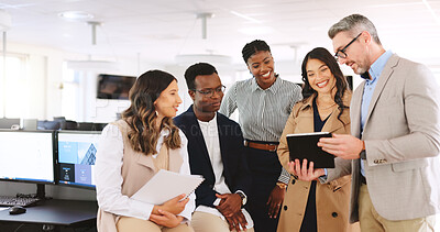 Buy stock photo Marketing agency, group or feedback with tablet for schedule planning, advertising or campaign release. Brand promotion, organize project or people review launch timeline, digital agenda or teamwork