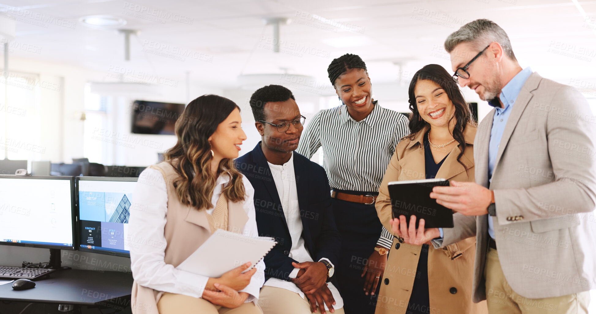 Buy stock photo Marketing agency, group or feedback with tablet for schedule planning, advertising or campaign release. Brand promotion, organize project or people review launch timeline, digital agenda or teamwork