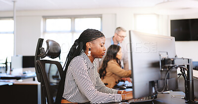 Buy stock photo Computer, report and typing with business woman in coworking office for planning or research. Flare, pc and review with professional employee at desk in workplace for administration or feedback