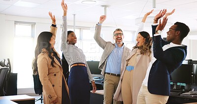 Buy stock photo Corporate, people and hand stack in office for motivation, teamwork and celebration of success. Smile, staff and partnership for agreement, collaboration and solidarity support of company achievement