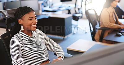 Buy stock photo Smile, think and business woman in office with inspiration for news, story idea or coworking. Happy journalist, thoughts or vision with work solution, positive mindset or article feedback on computer