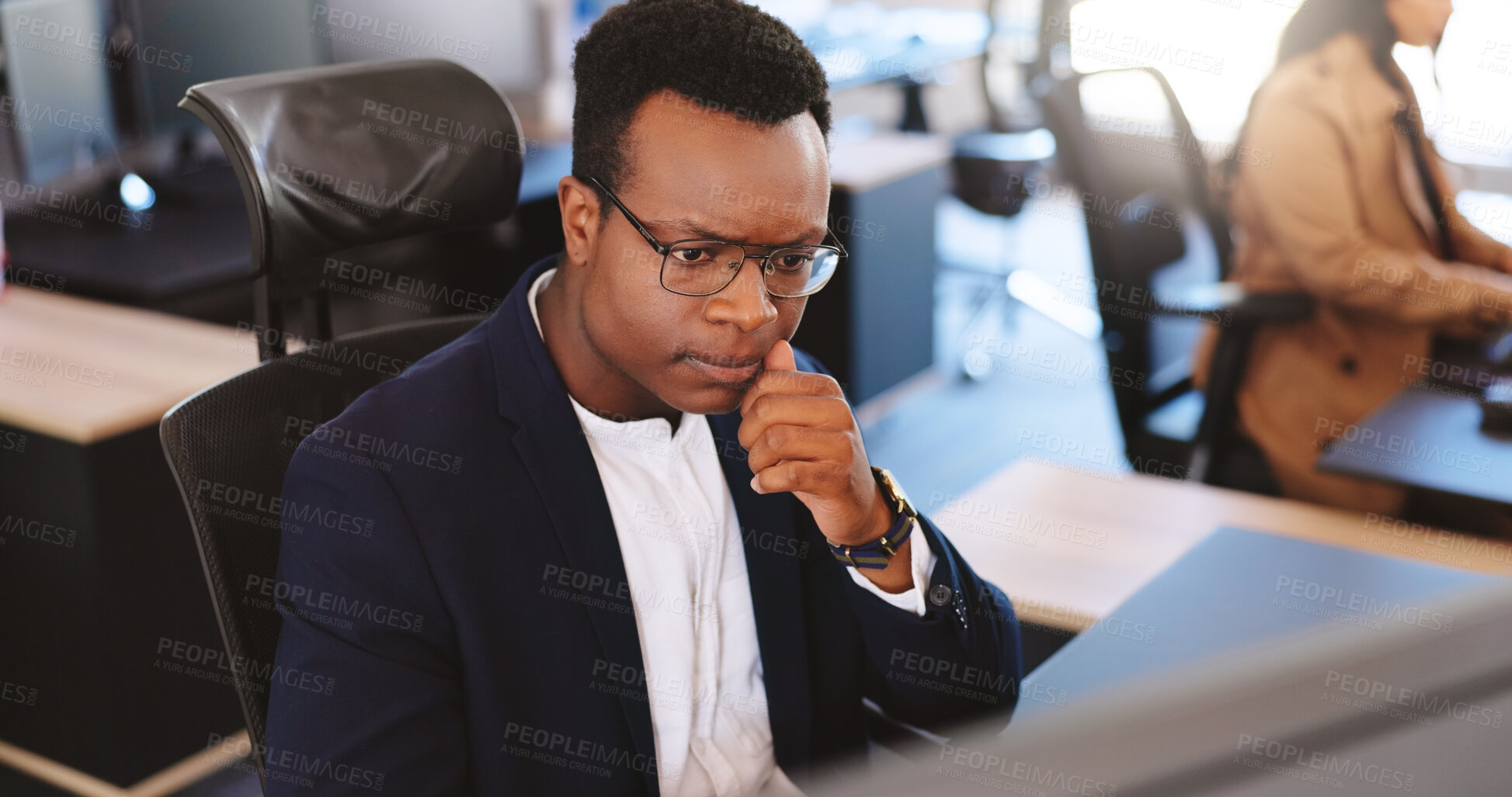 Buy stock photo Thinking, review or businessman in office for financial planning, digital report or investment project. Strategy development, pc or advisor with ideas to profit assets, venture insight or high angle