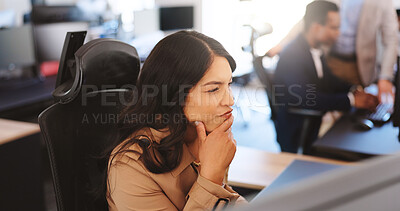 Buy stock photo Thinking, review or businesswoman in office for financial planning, digital report or investment project. Strategy development, pc or advisor with ideas to profit assets, venture insight or coworking