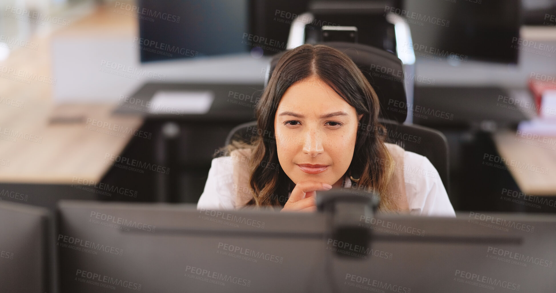 Buy stock photo Thinking, review or woman with computer in office for financial planning, report or investment project. Strategy development, pc or advisor with ideas to profit assets, venture insight or high angle