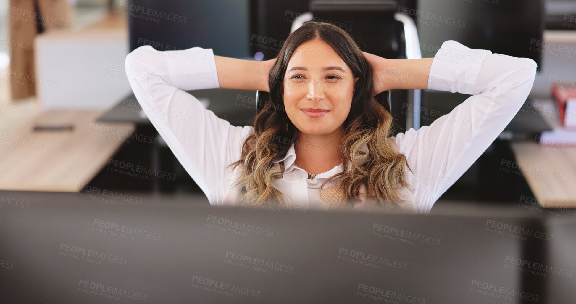 Buy stock photo Media agency, relax and woman in office, computer and completed assignment for submission. Person, stretching and journalist in workplace, pc and finished creative project with pride and copywriting