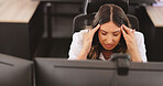 Burnout, computer and headache with business woman at desk in office for deadline or problem. Anxiety, migraine and stress with unhappy employee person in workplace for 404 error or glitch on pc