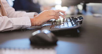 Buy stock photo Hands, keyboard and typing with business person at desk in office for online report or review. Administration, computer and research with employee woman in professional workplace for feedback